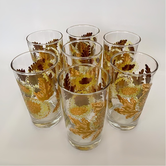Bartlett Collins Pokee' 22kt Gold Chrysanthemum MCM Glass Set of 7 Tumblers - Picture 2 of 2